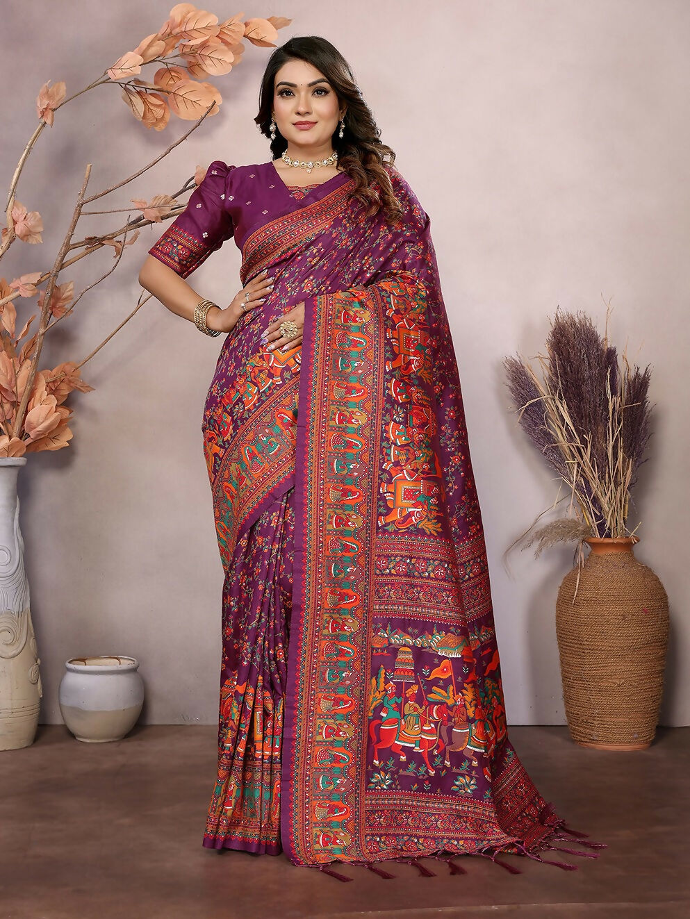 Joban Fashion Wine Meena Weaves Pashmina Sarees