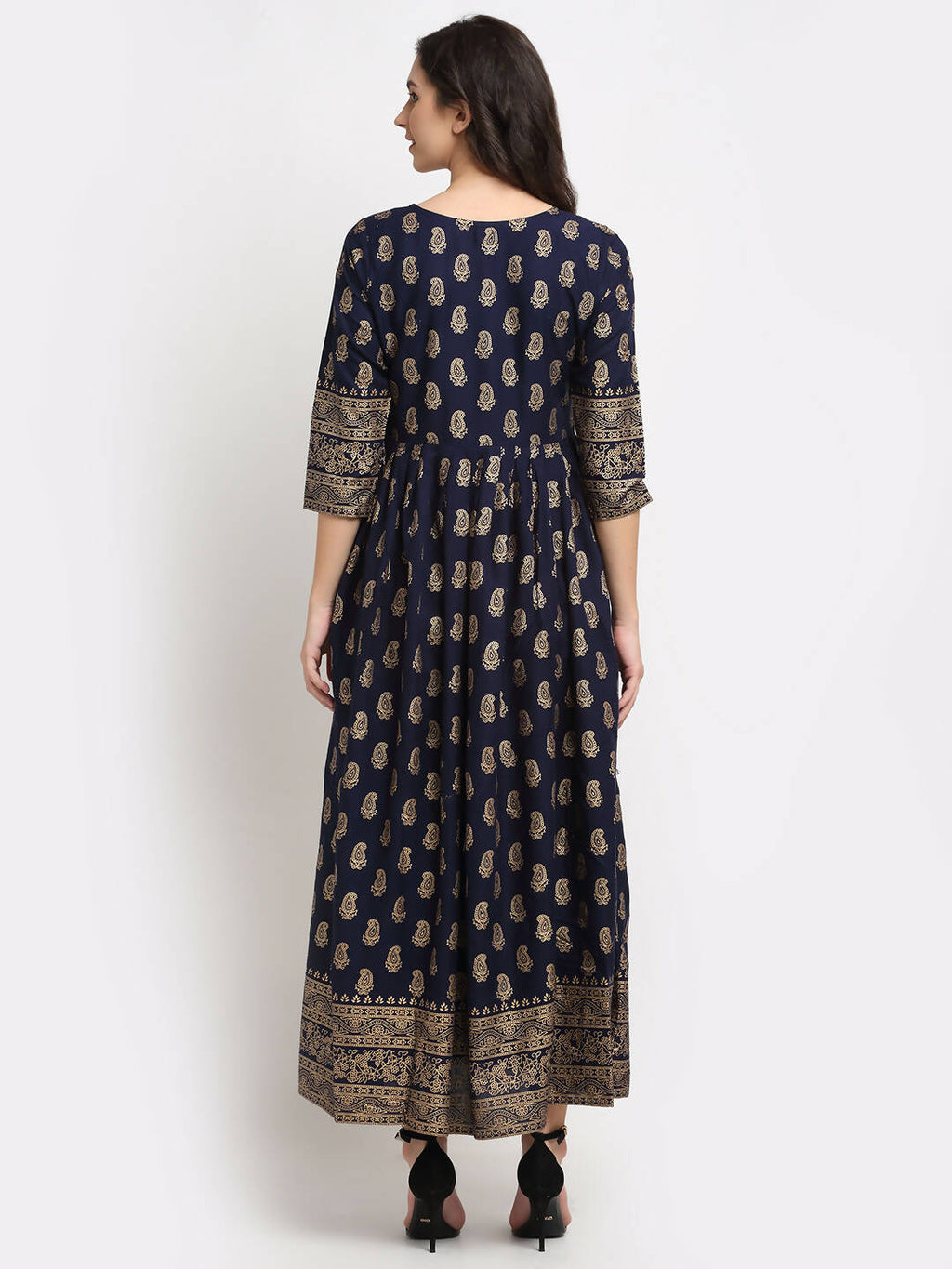 Rudra Bazaar Gold Printed A-Line Blue Kurti