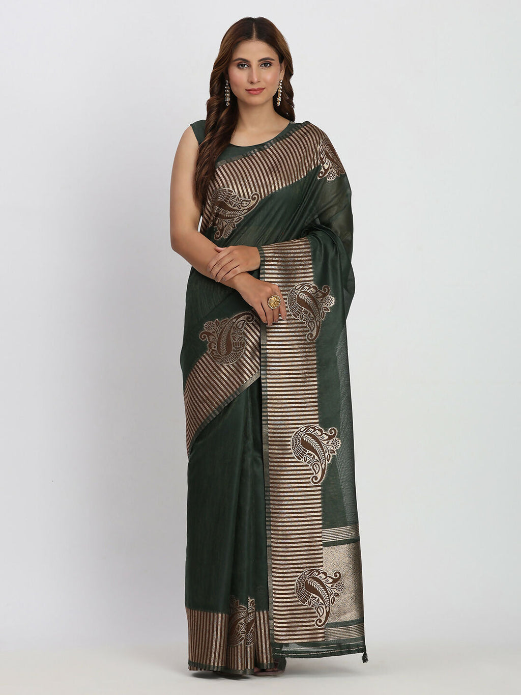 Shree Shyam Fashion Linen Cotton Dark Green Saree