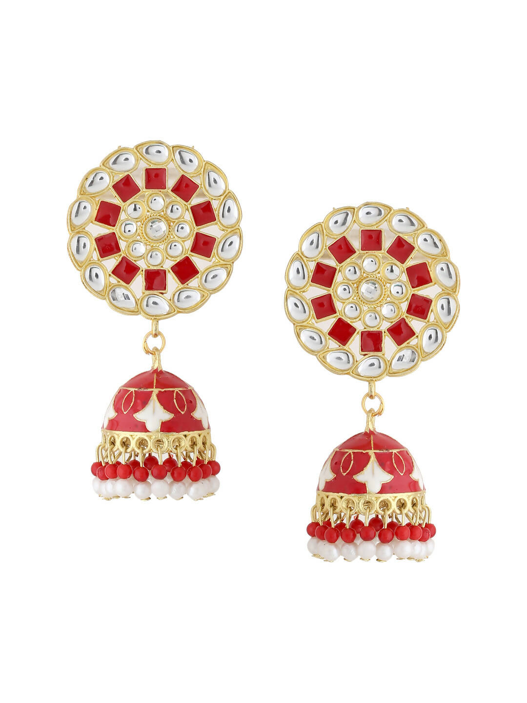 NVR Women Gold-Polished Red Dome Shaped Meenkari Jhumkas Earrings