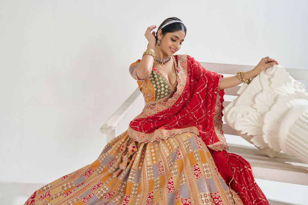 Kesar Fab Mustard Net Embroidered Lehenga
