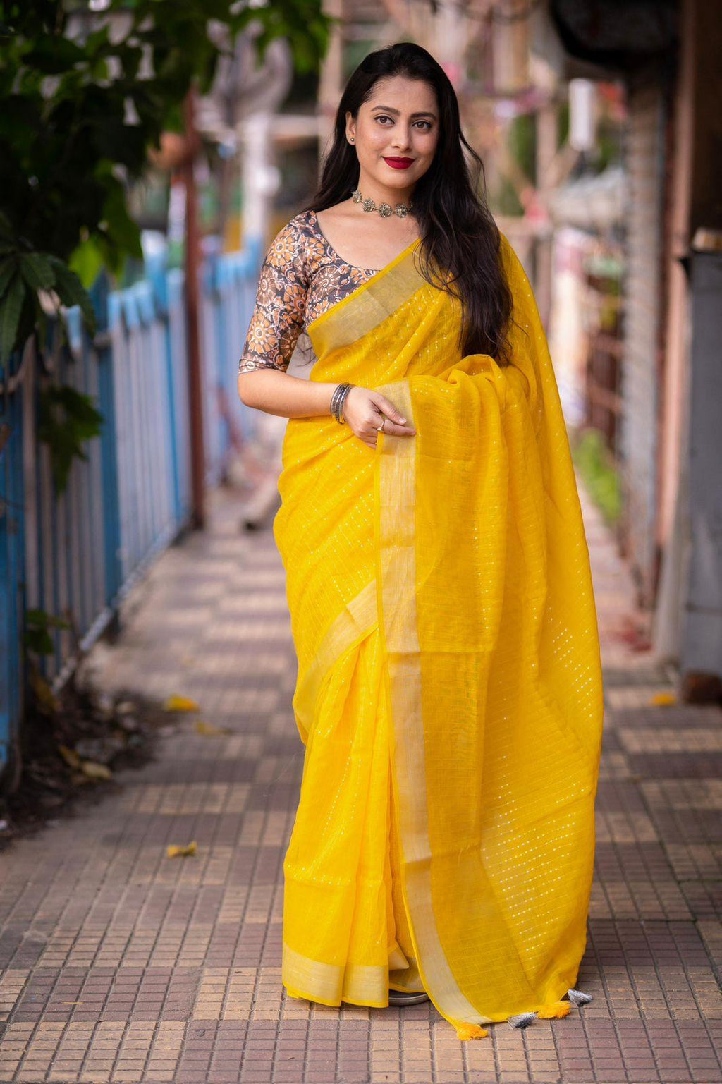 Mustard Linen Sequence Saree with Unstitched Blouse - Hiral Fashion