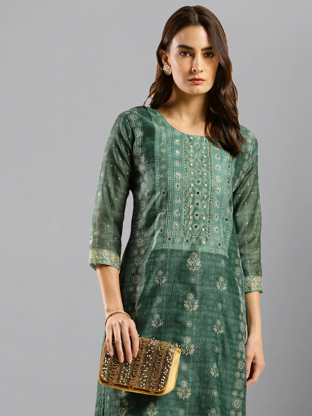 Sea Green Chinon Digital Printed With Hand Work Kurta - Himanshi
