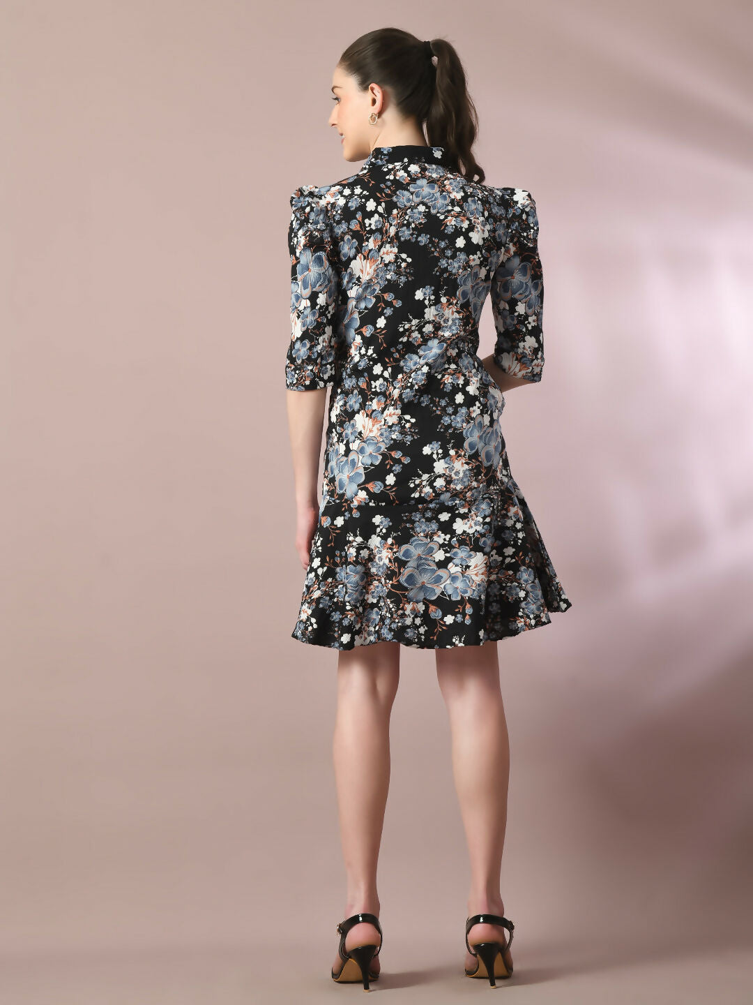 Myshka Women's Black Printed Shirt Collar Fit and Flare Party Dress