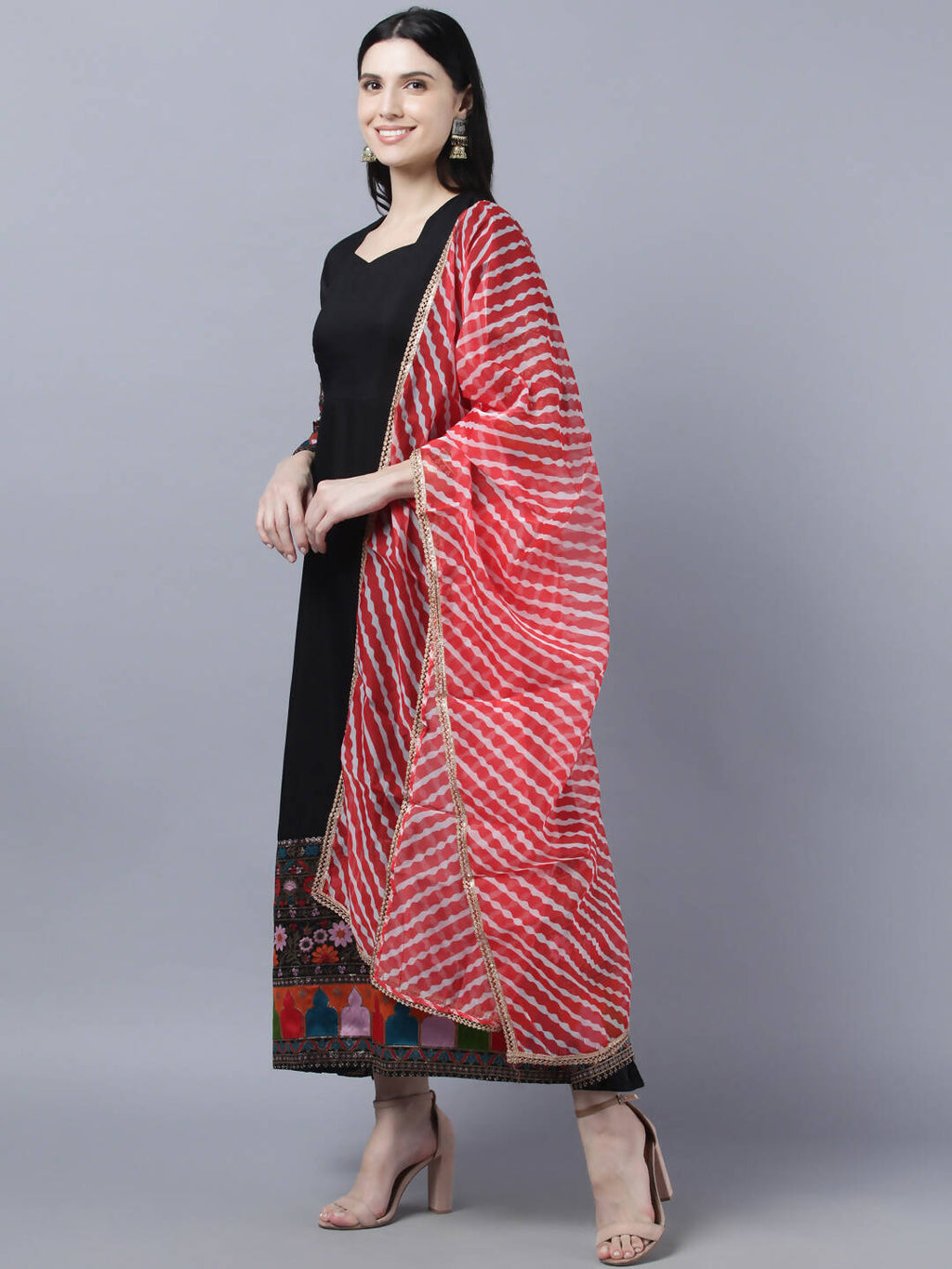 Myshka Women Black Embroidered Detail Anarkali Kurta With Dupatta