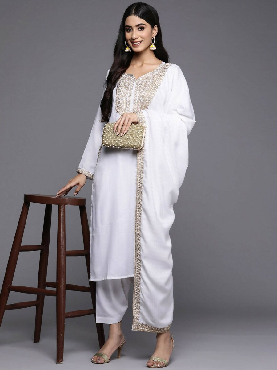 Ahalyaa Women White Ethnic Motifs Embroidered Aari Work Pashmina Kurta with Salwar & With Dupatta