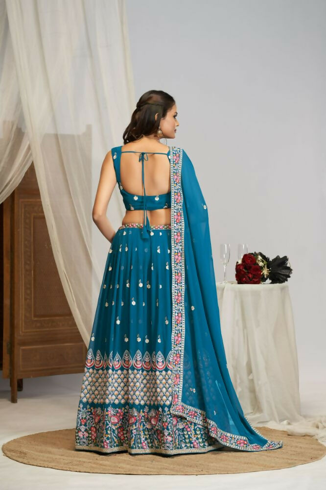 Teal Blue Georgette Thread Sequence Embroidery Work Lehnga Choli - Jihu Culture