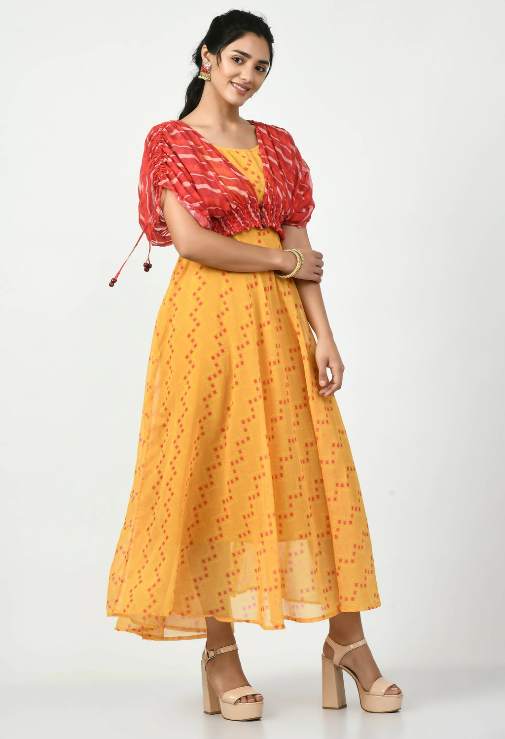 Myshka Women's Yellow Empire Printed Dress