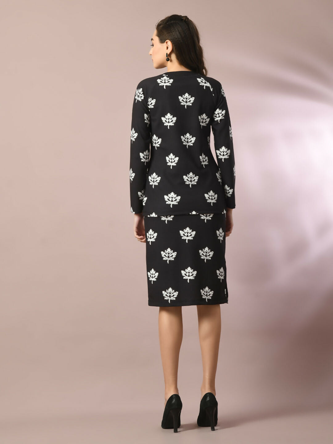 Myshka Women's Black Printed Round Neck Party Top With Skirt Co-ord set