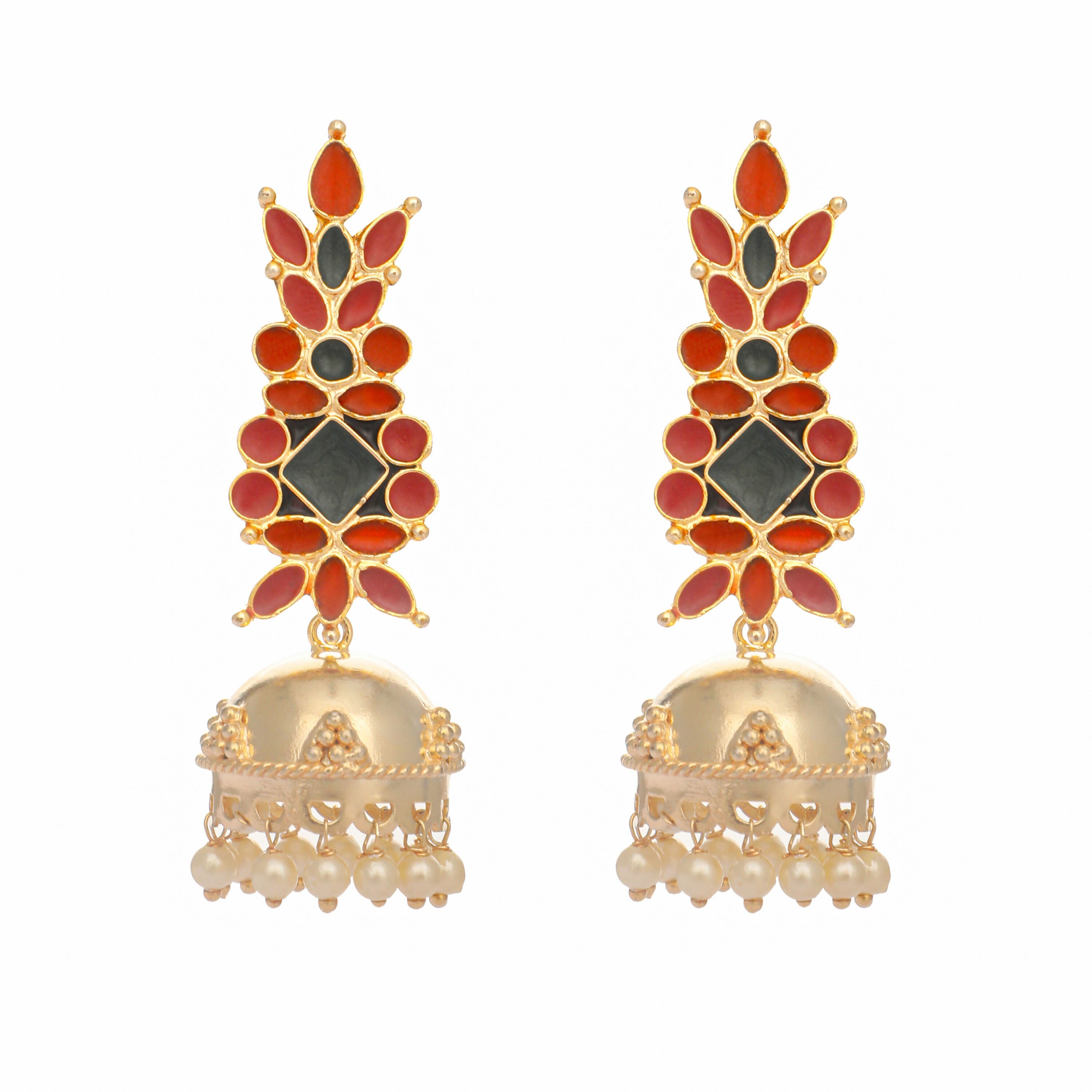 Nuyug 22K Gold-Plated Enamel & Beaded Dome Shaped Jhumka Earrings