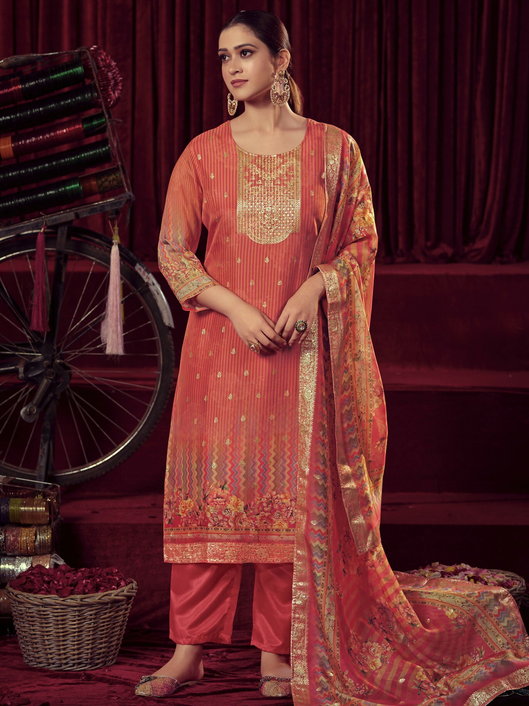Jyoti Fashion Women's Orange Organza Jacquard Woven Kurta with Trouser & Dupatta