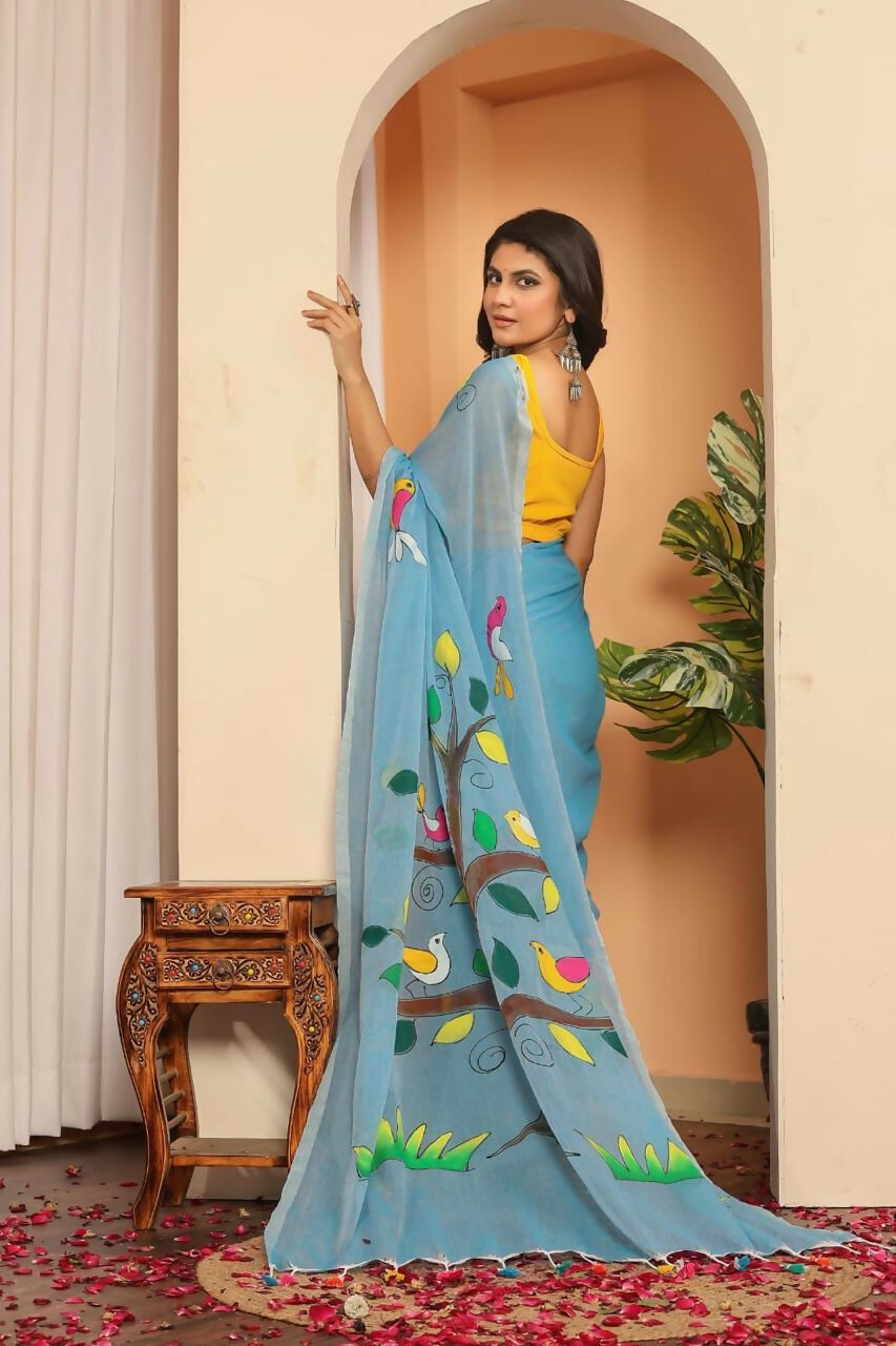 Exclusive Collection Beautiful Light Sky Pure Cotton Hand Print Handloom Saree With Running Blouse Piece