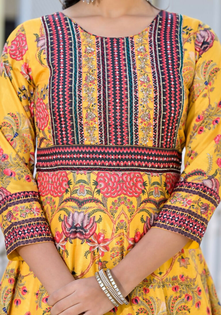 Partywear Designer Yellow Dola Silk Anarkali suit with Dupatta - Suzen