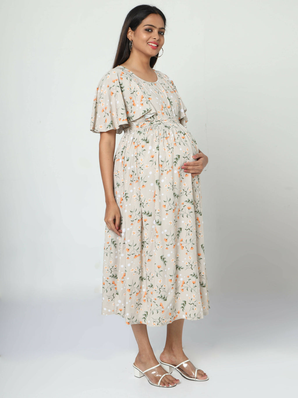 Manet Frill With Sleeves Maternity Dress Floral Print With Concealed Zipper Nursing Access - Cream