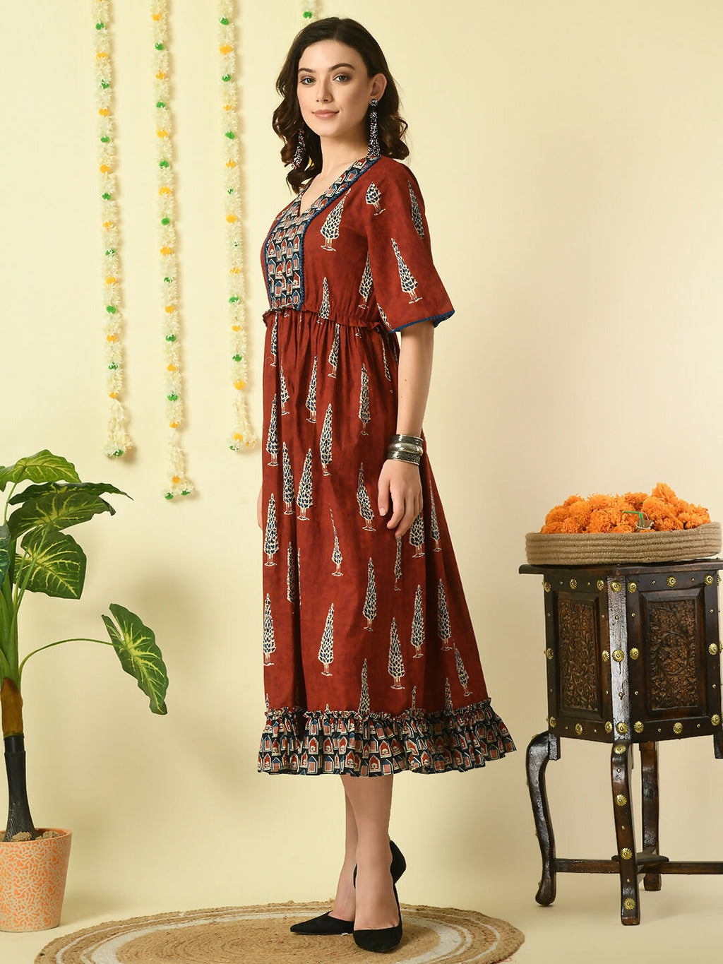 Myshka Women's Rust Printed Cotton Party Dress