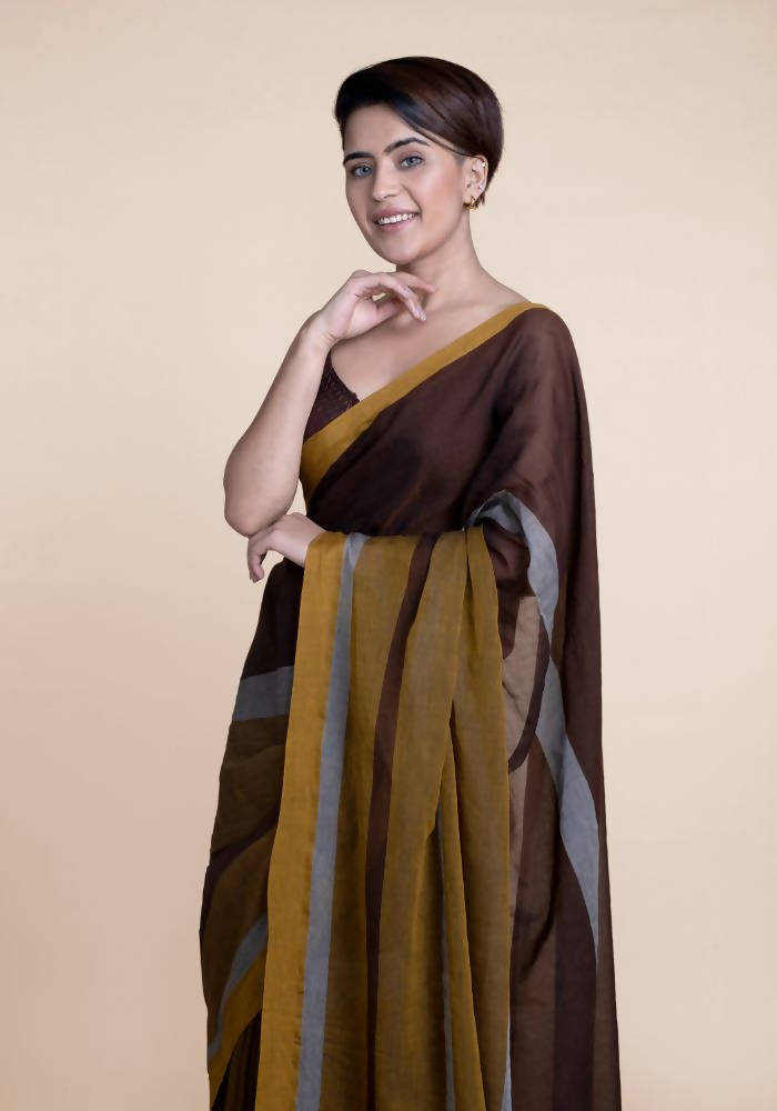 Suta Brown Yellow Colourblocked Mul Saree