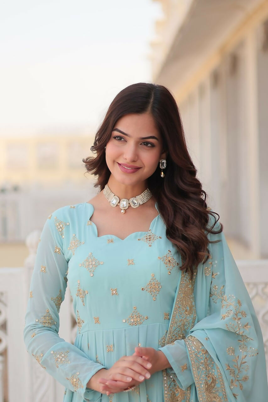 Vastranavya Faux Georgette with Zari & Sequins Embroidery Work Gown with Dupatta - Turquoise