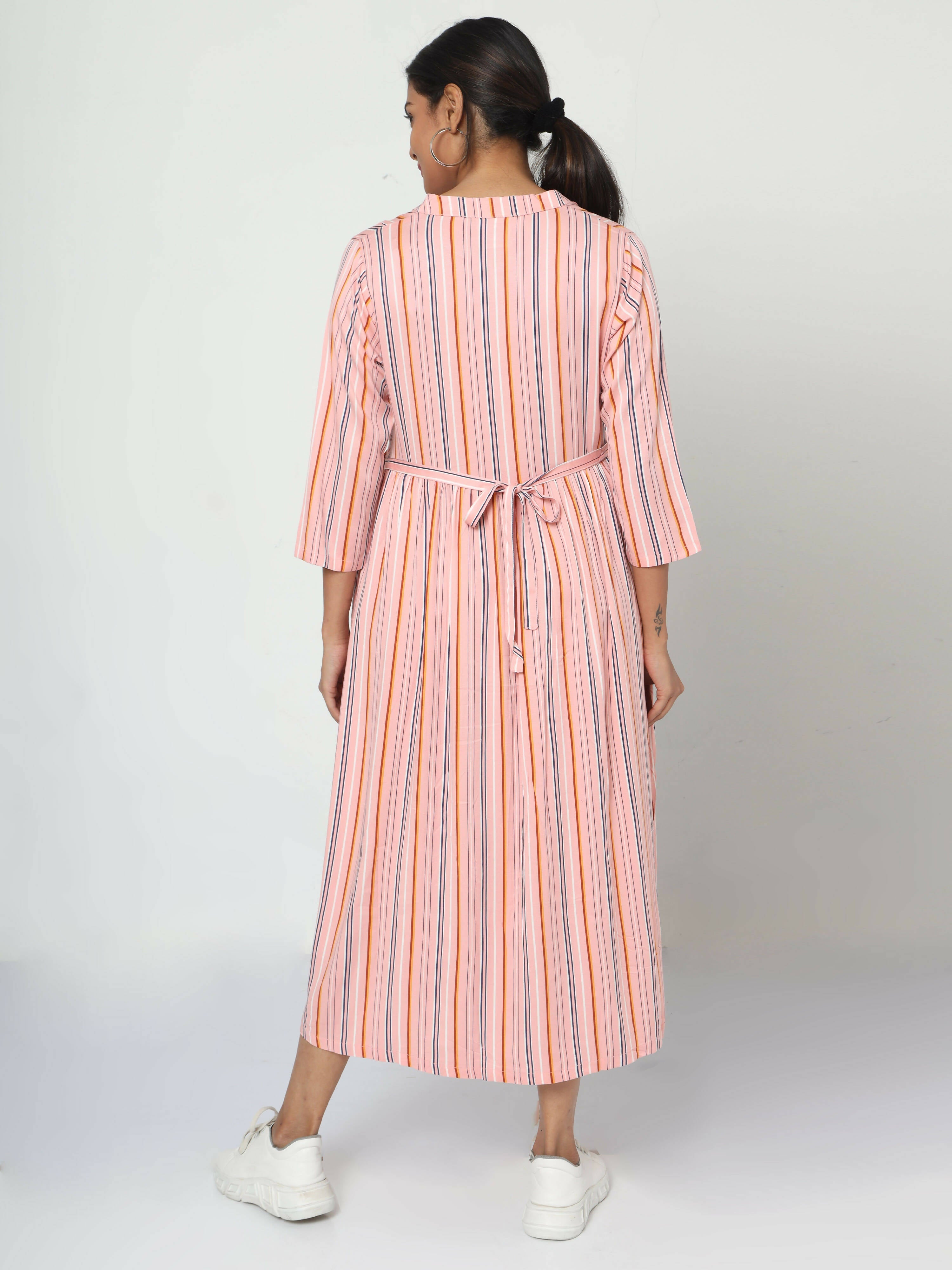 Manet Three Fourth Maternity Dress Strip Print With Concealed Zipper Nursing Access - Pink