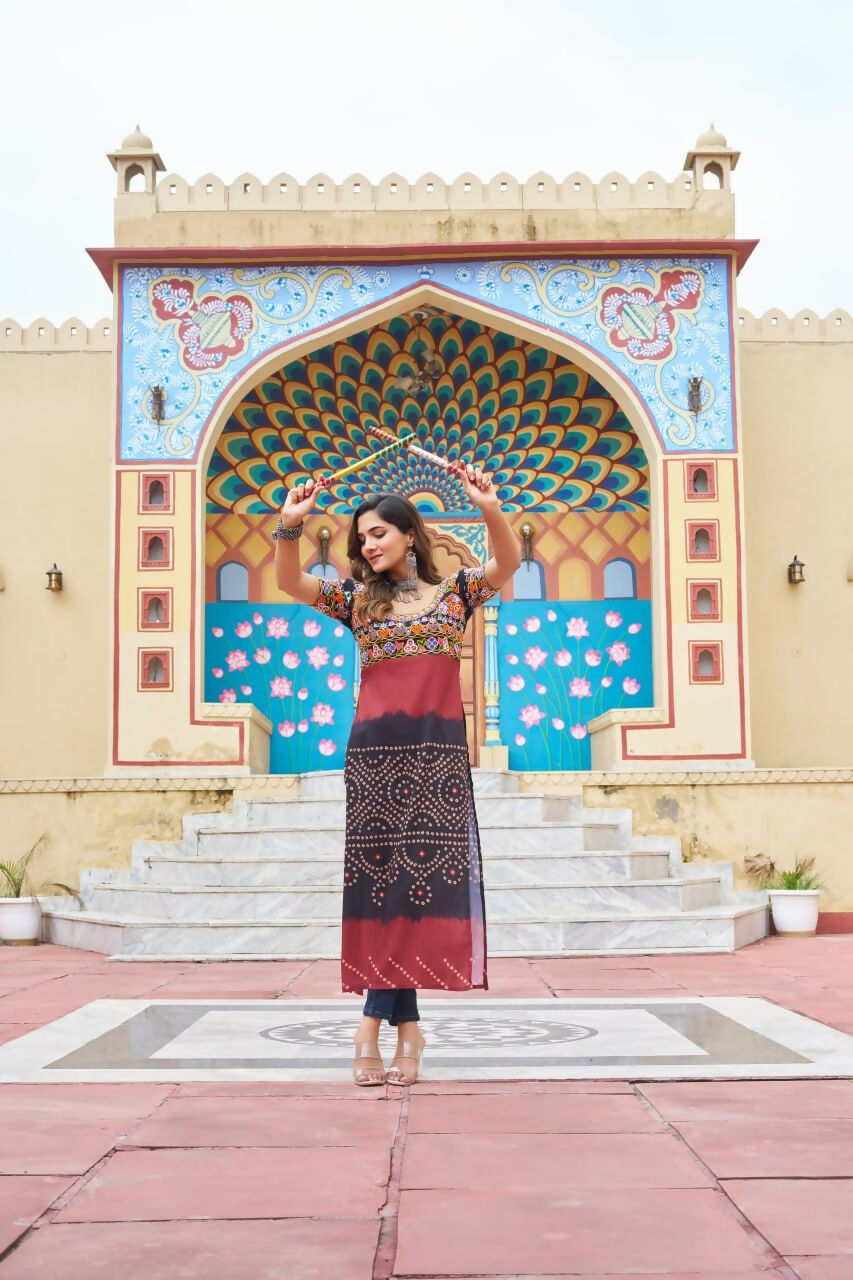 Vastranavya Black Navratri Special Kutchi Gamthi Work with Printed Kurti