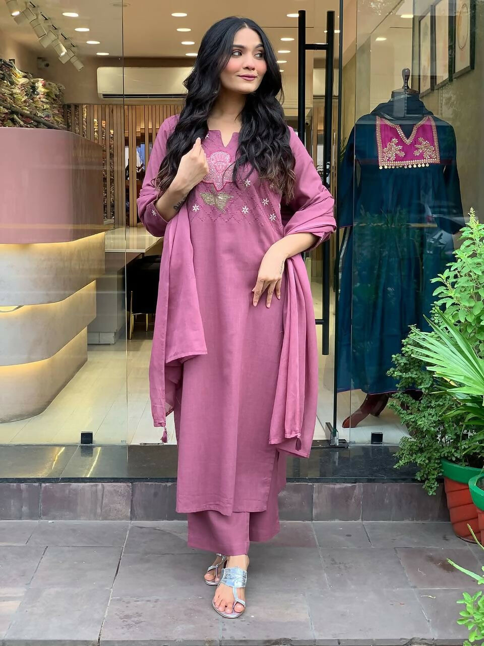 The52 Peach Women's Gorgeous Embroidered Cotton Fabric Straight Kurta Pant with Dupatta Set