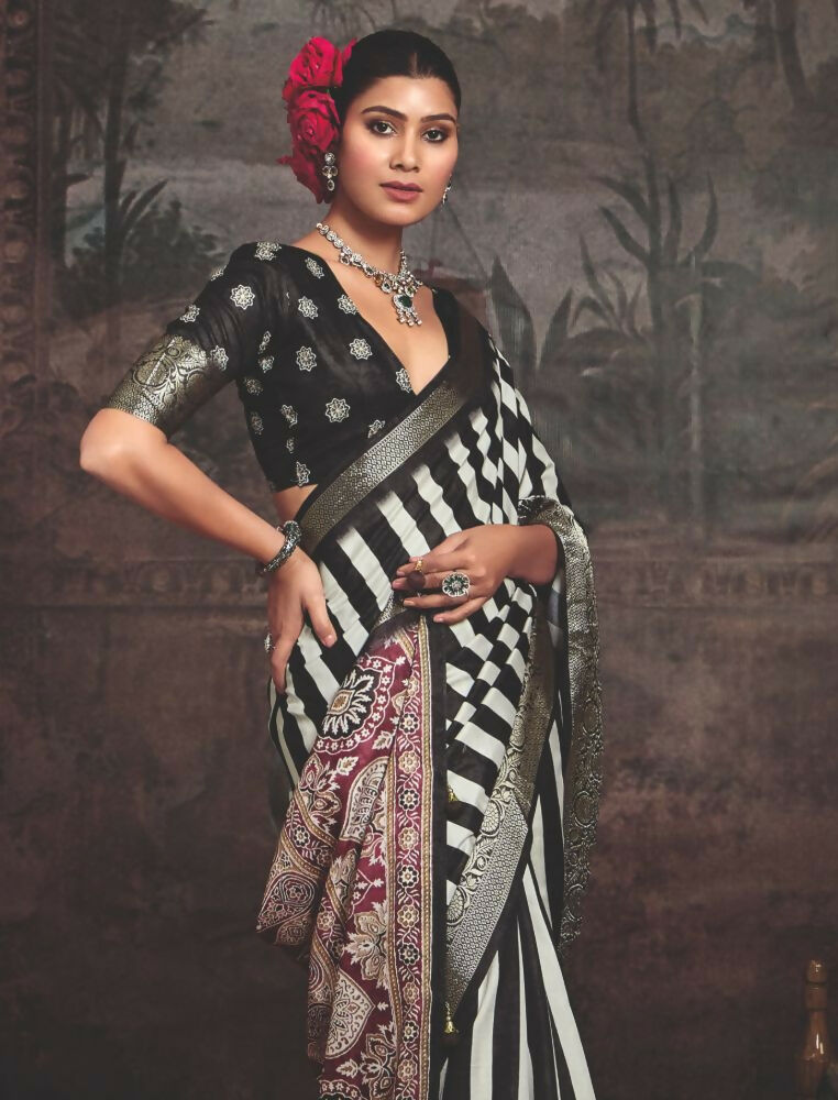 Joban Fashion Black Dola Tussar Silk Self Jacquard Border Saree