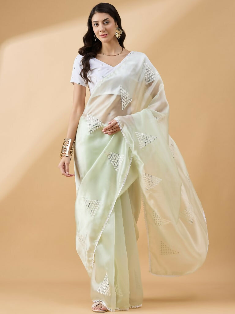 Green Tissue Slub Embroidered Saree with Unstitched Blouse - Vairagi