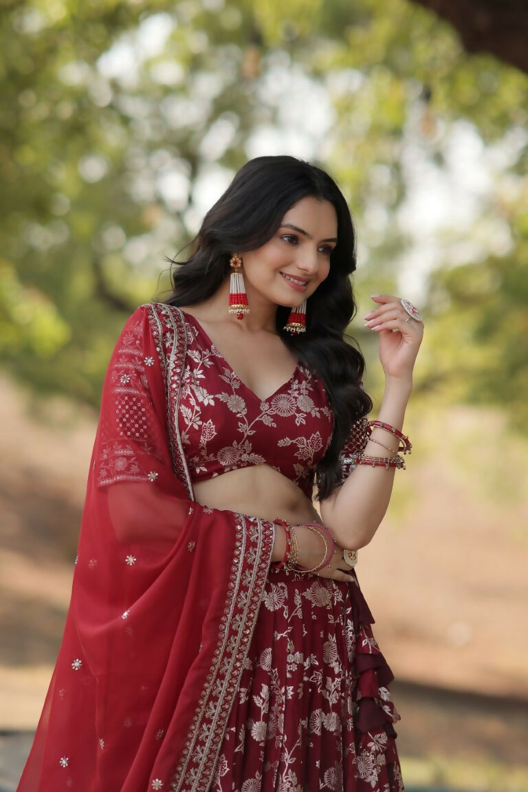 Vastranavya Designer Dyeable Pure Viscose Jacquard Fabric Lehenga Choli & Dupatta Set - Maroon