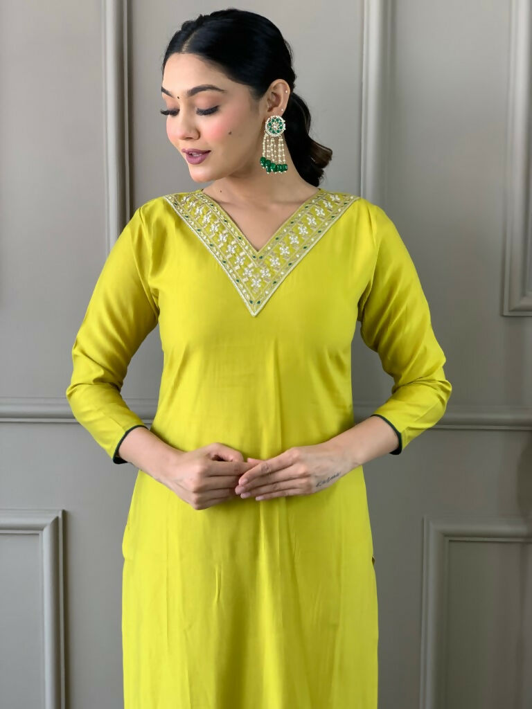 Partywear Designer Lemon Yellow Viscos Chanderi Stitched Suit With Dupatta - Tanisha