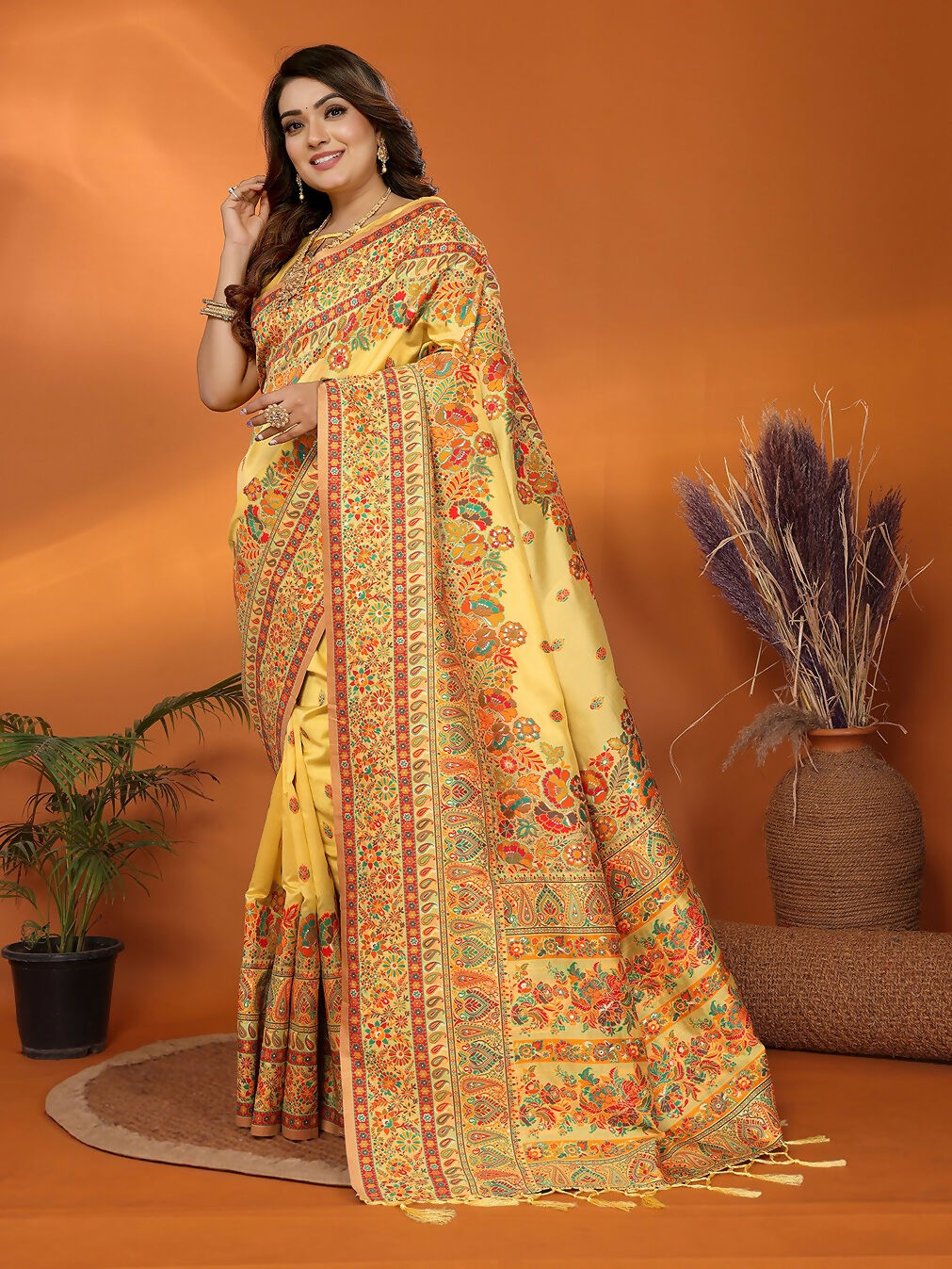 Joban Fashion Yellow Meena Weaves Pashmina Sarees