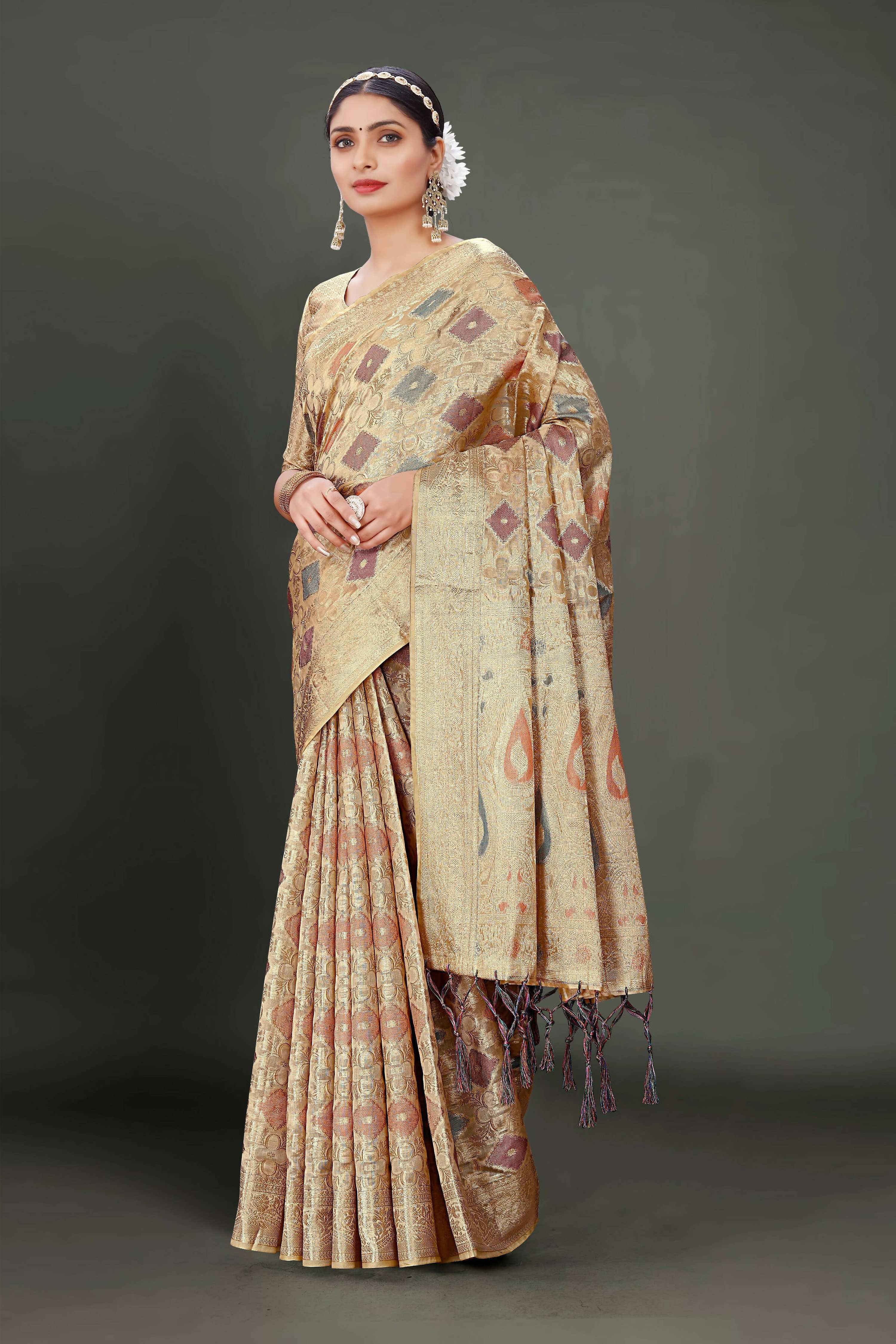 Beige Soft Organza Woven Design Saree With Unstitched Blouse Piece - Zaara