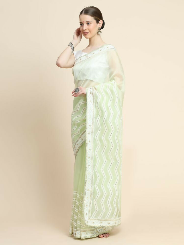 Vamsee Banno Lehriya Yellow Organza Saree