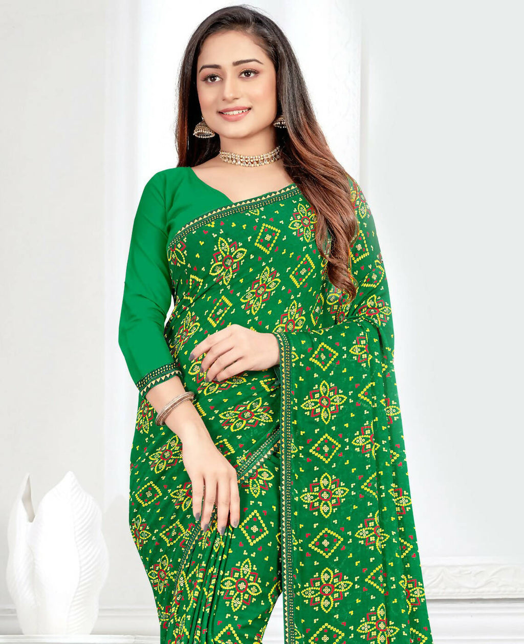 Green Georgette Bandhani Printed Saree With Unstitched Blouse Piece - Jyoti