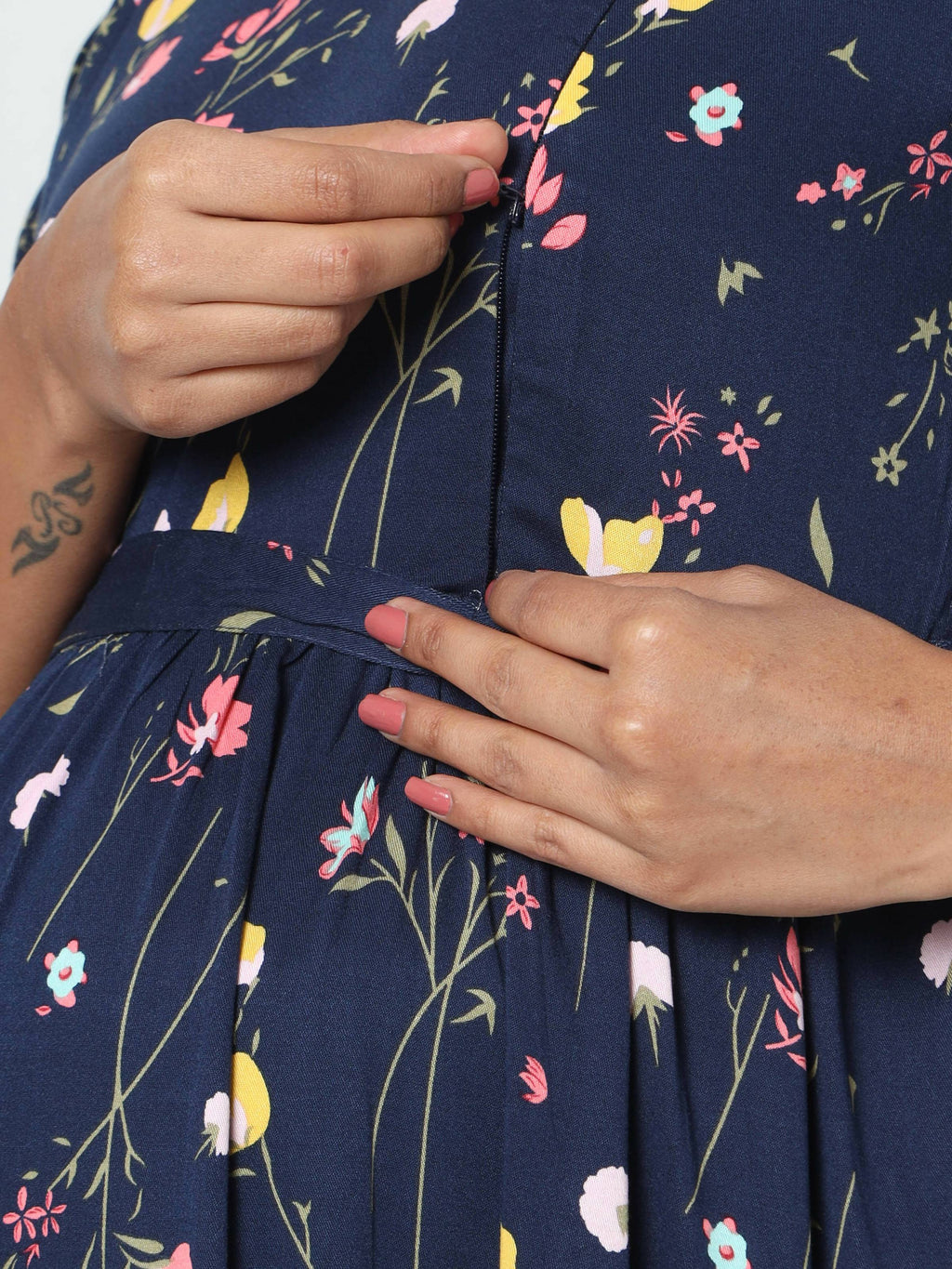 Manet Three Fourth Maternity Dress Floral Print With Concealed Zipper Nursing Access - Navy Blue