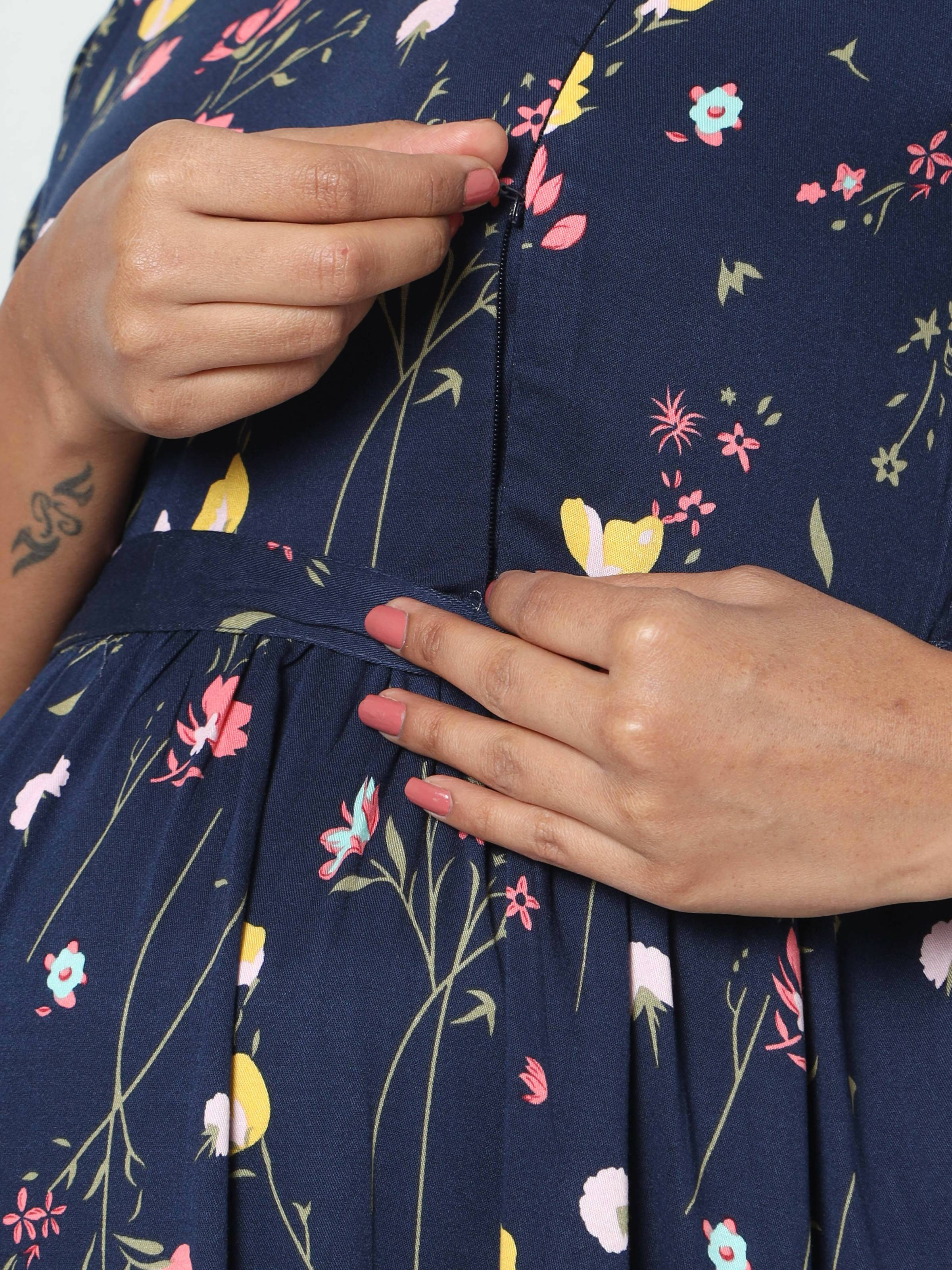 Manet Three Fourth Maternity Dress Floral Print With Concealed Zipper Nursing Access - Navy Blue