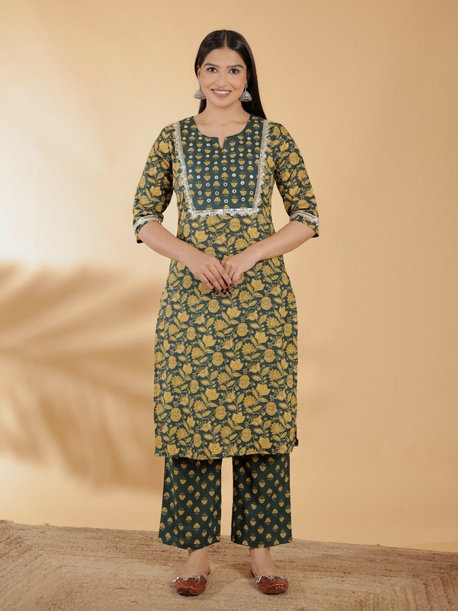 Aramya Green Soft Cotton Floral Straight Kurta for Women