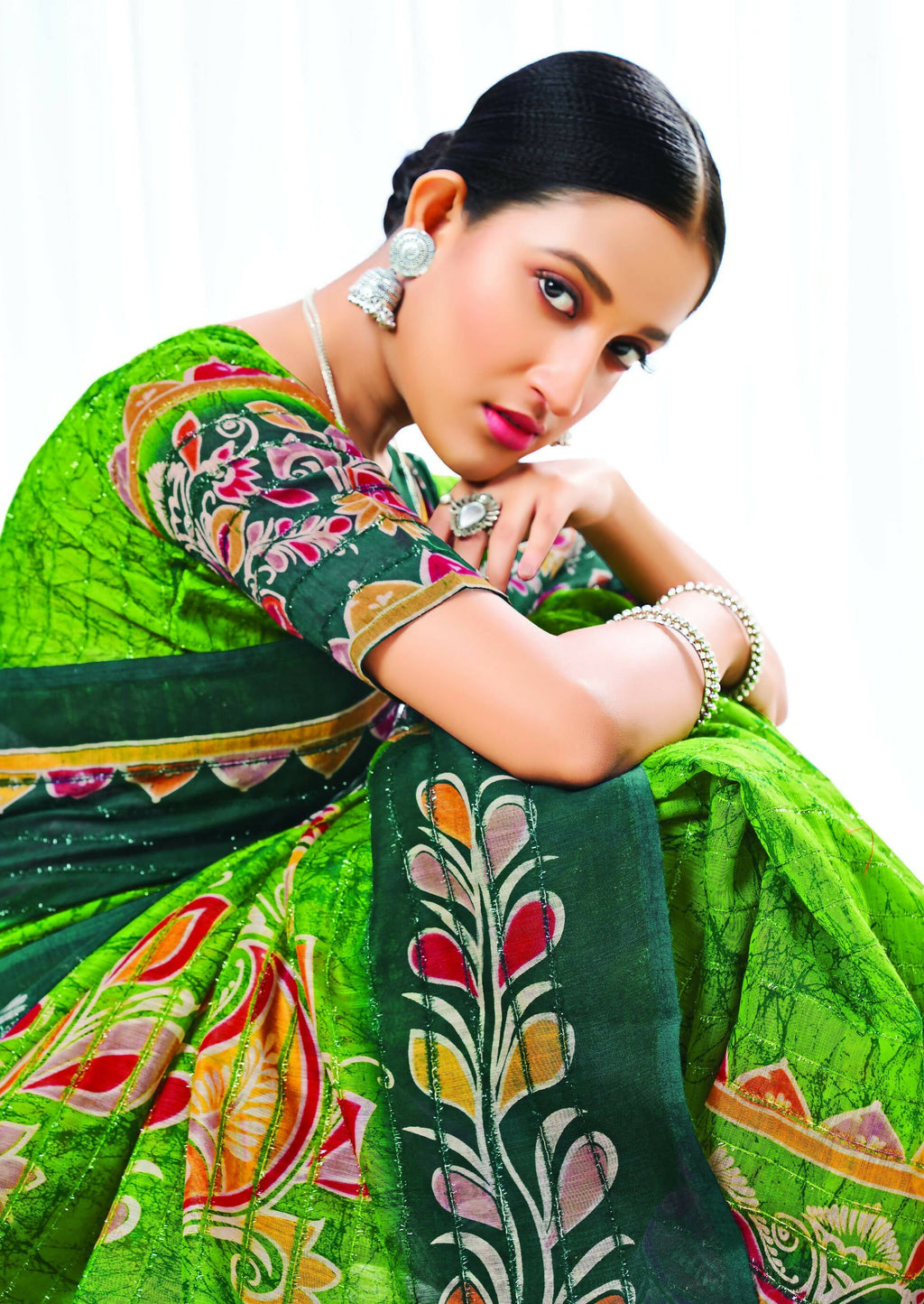 Light Green Chanderi Cotton Floral Printed Saree With Unstitched Blouse Piece - Kathika