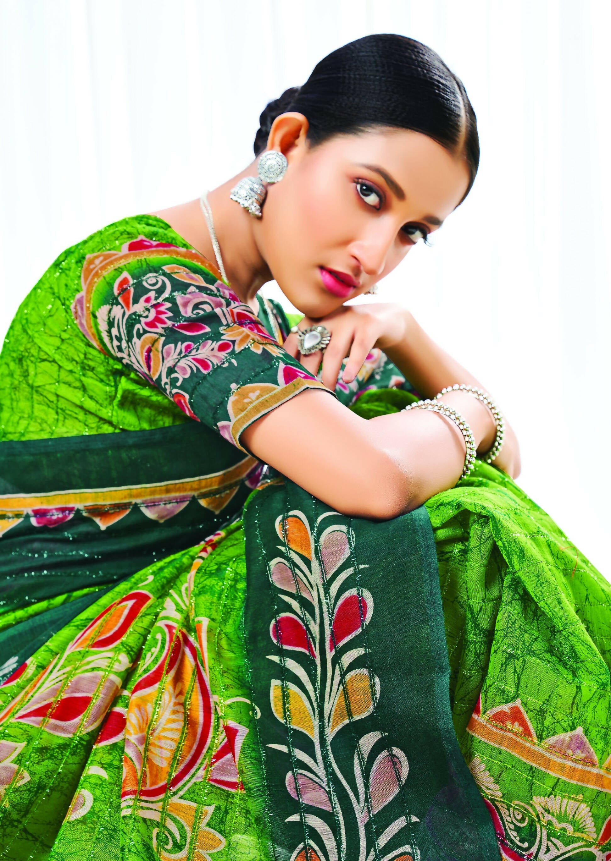 Light Green Chanderi Cotton Floral Printed Saree With Unstitched Blouse Piece - Kathika
