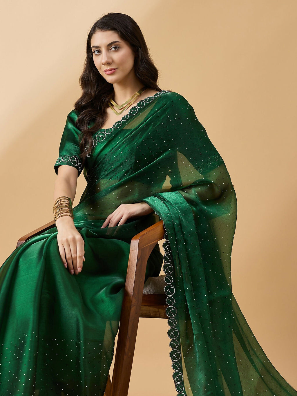 Green Organza Swaroski Diamond Work Saree with Unstitched Blouse - Radha