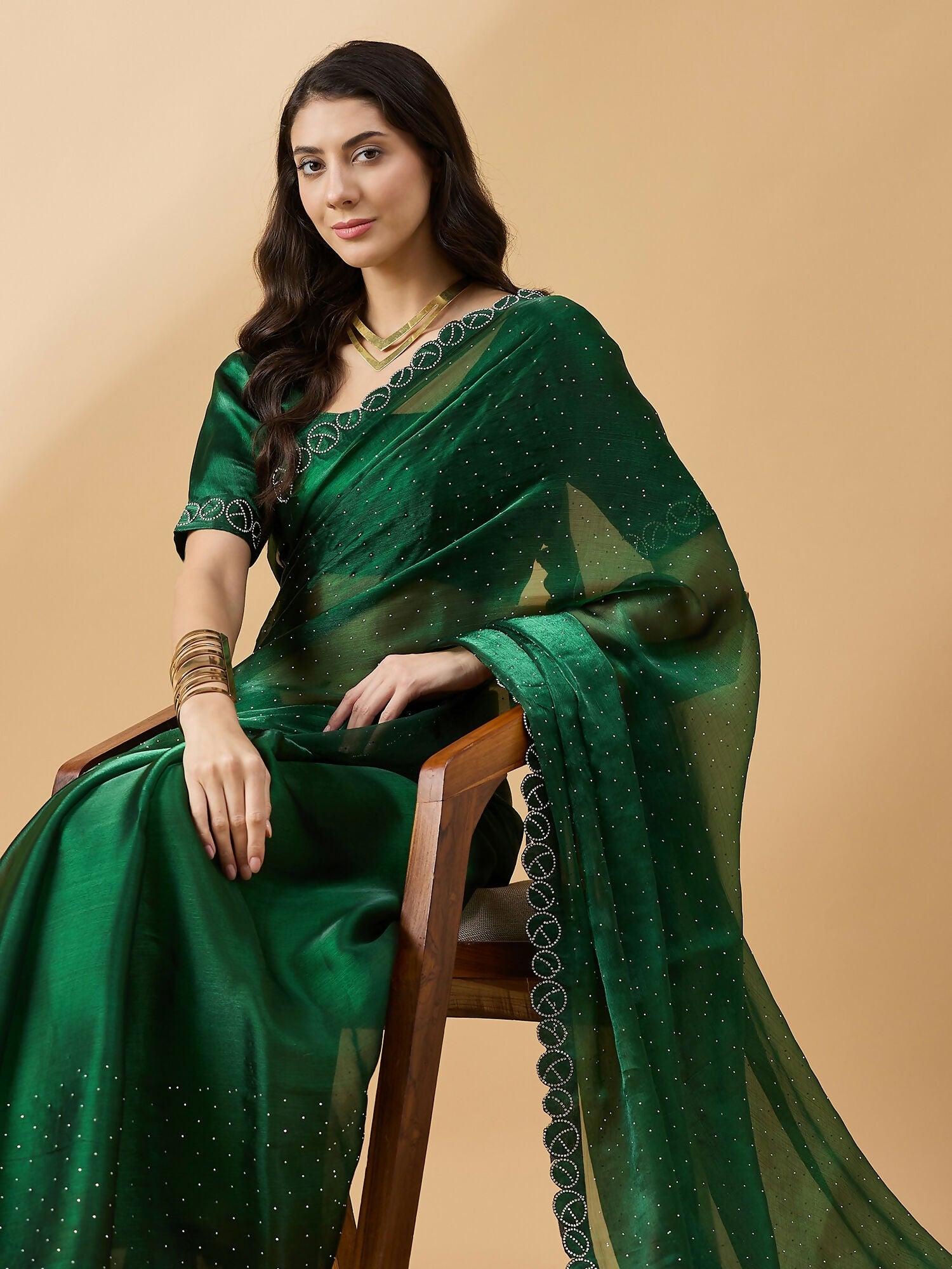 Green Organza Swaroski Diamond Work Saree with Unstitched Blouse - Radha