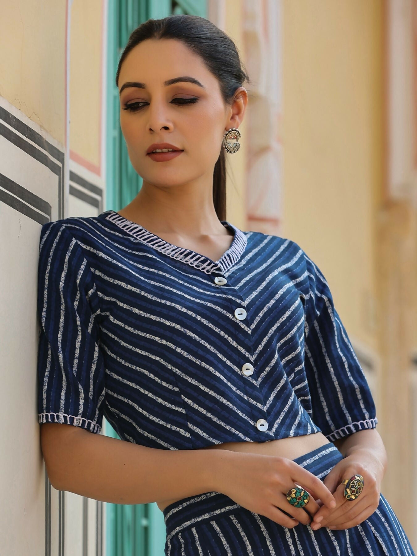 Juniper Navy blue Striped Printed cotton flex Crop Top & Pants Set With Thread Work