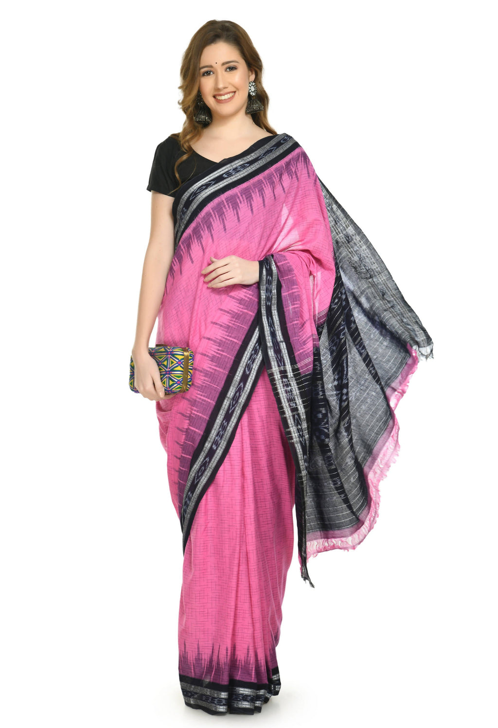 Vamika Sambalpuri Ikat Cotton Jharana Pink & Black Saree
