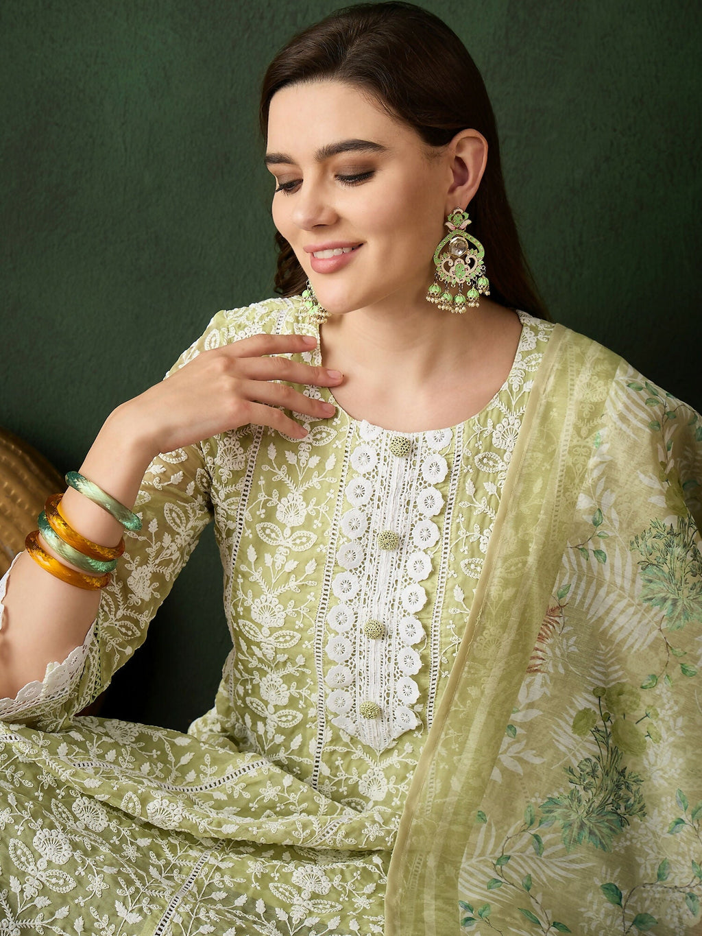 Green Crystal Organza schiffli embroidery Kurta With Trouser & Dupatta - Bhumi
