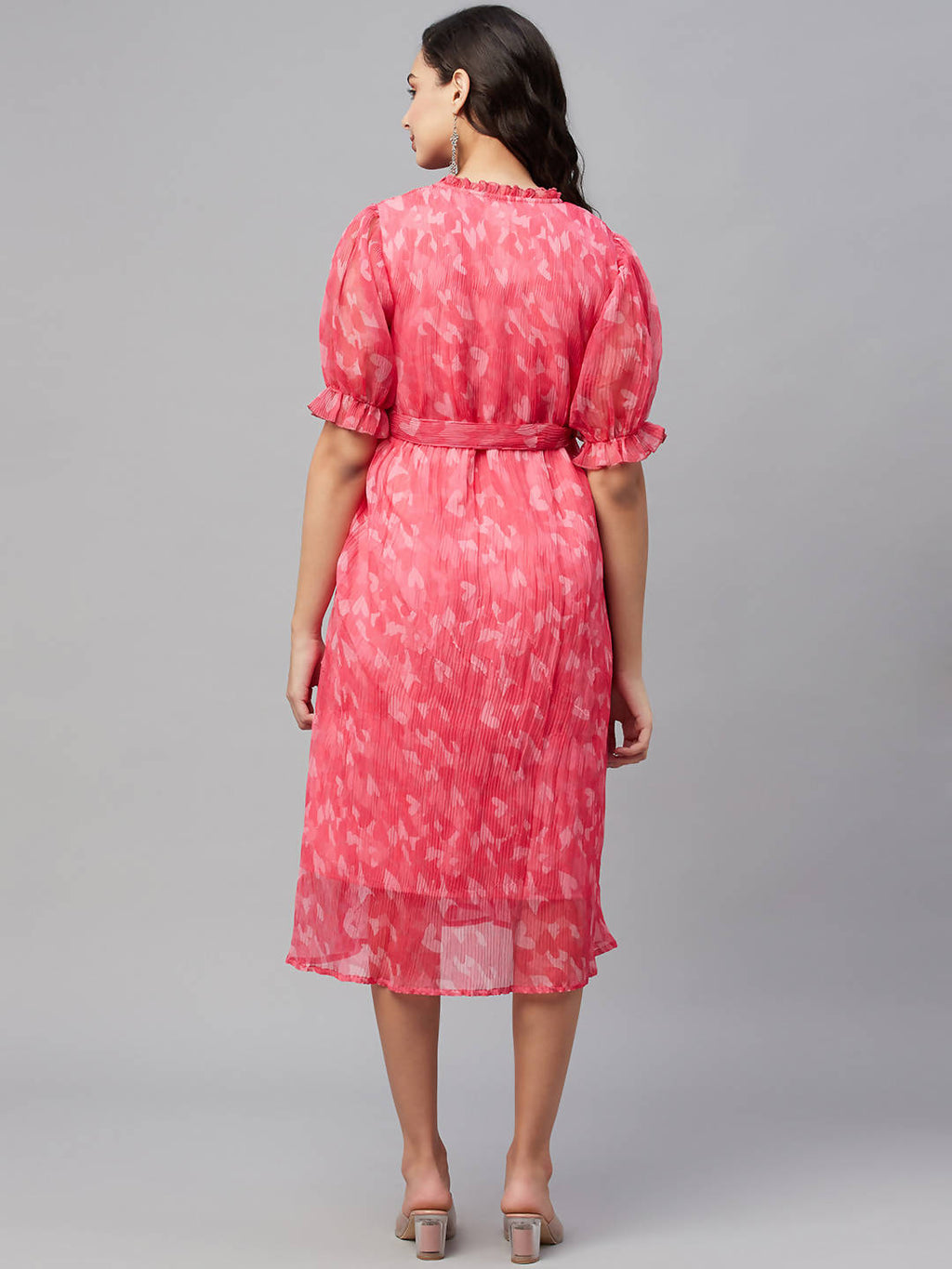 Myshka Women Pink Printed Half Sleeve Round Dress