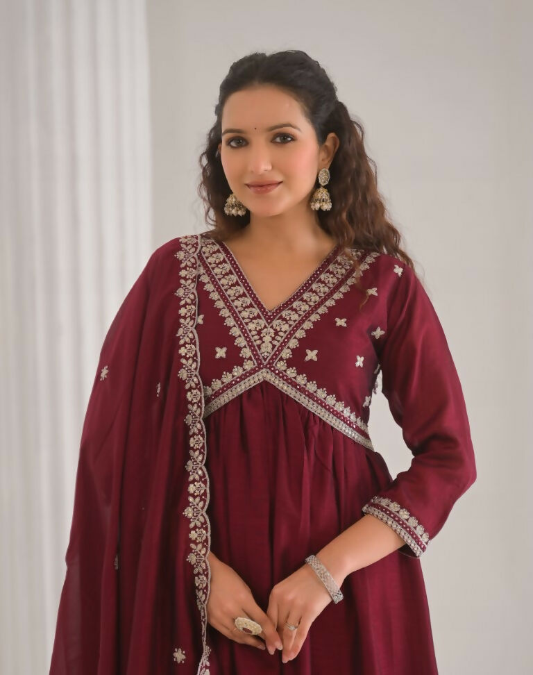 Ethnic Festive Wear Vichitra Silk Wine Stitched Suit With Dupatta - Tanisha