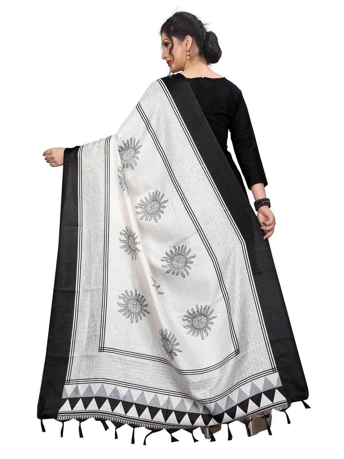 Vamika white and Black Printed Khadi Bhagalpuri Dupatta