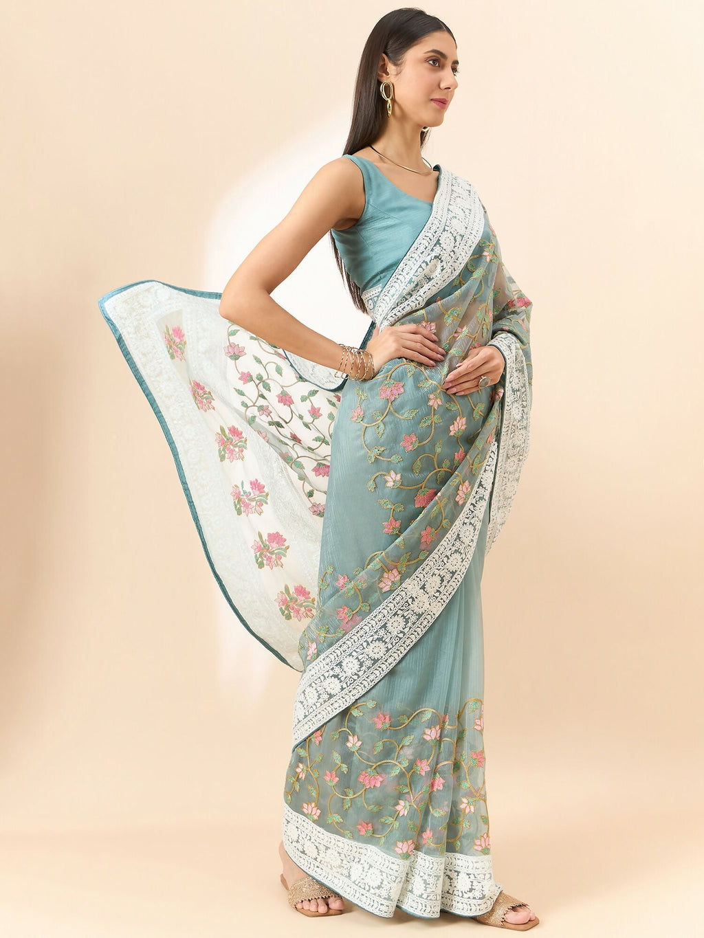 Blue Organza Floral Embroidered Saree with Unstitched Blouse Piece - Roozal
