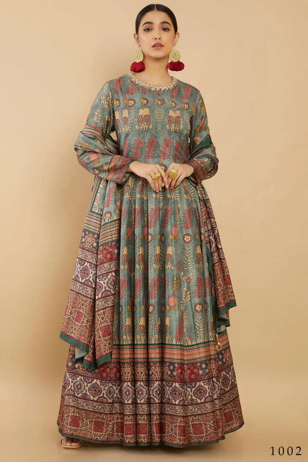 Women's Partywear Designer Green Soft Dola Silk Anarkali suit with Dupatta - Kalishta
