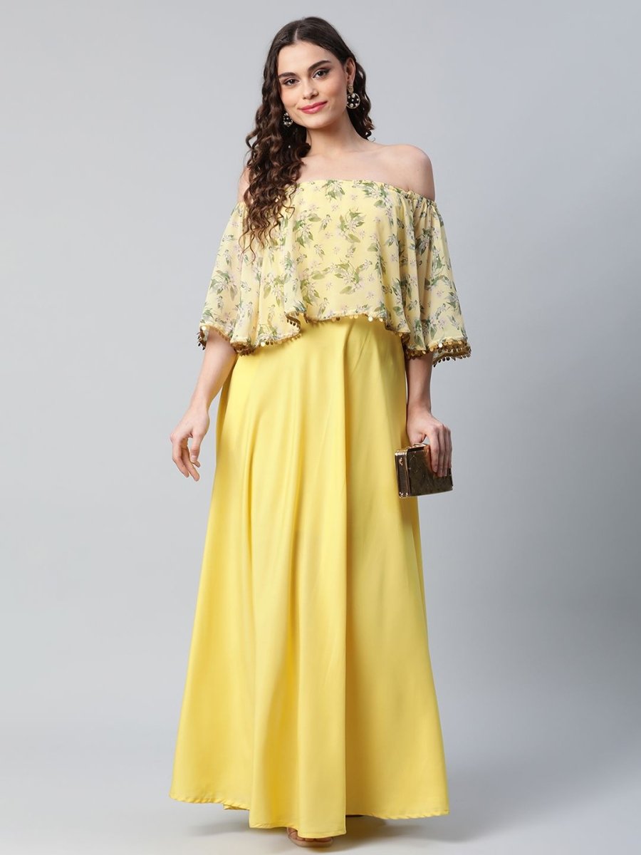 Ahalyaa Women Crepe Printed Yellow Dress