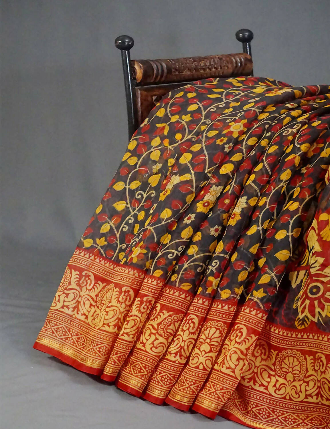 Vibrant Shades Of Black Kalamkaari Design Semi Chanderi Saree With Contrast Blouse By Gayathri Reddy Designer Studio
