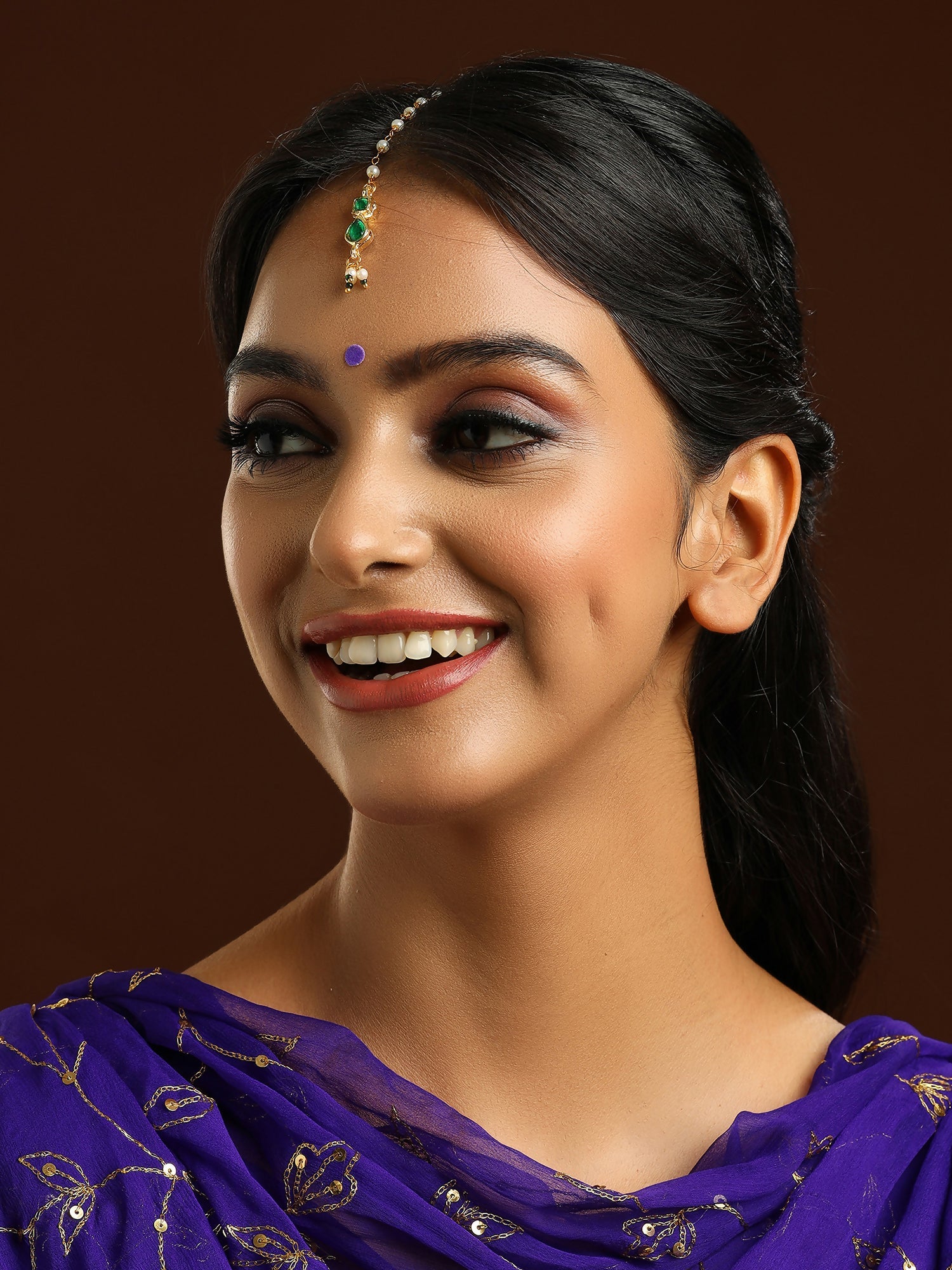 Ruby Raang Green Meenakari Kundan Maang Tikka
